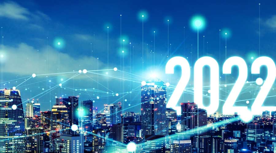 New year concept of 2022. BModern city and communication network. New year card.