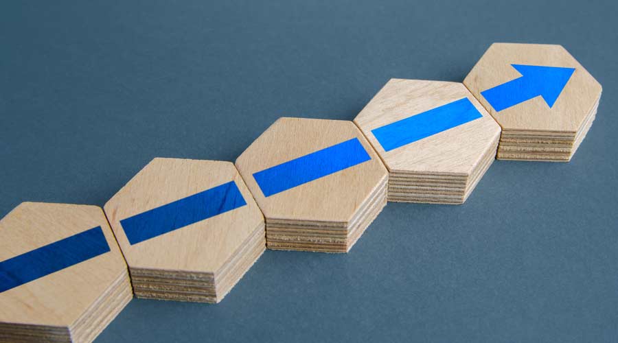 An additional block with an arrow to the existing assembly. Continuation of process, further progress. Moving forward, direction. Promotion at work. Development. Ensuring growth and expansion.