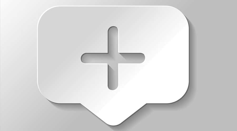 Plus in notification cloud, sign of add or reminder, social icon. Paper style with shadow on gray background