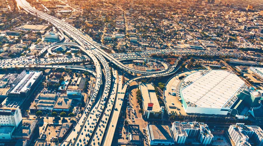 Aerial view of a massive highway intersection in Los Angeles