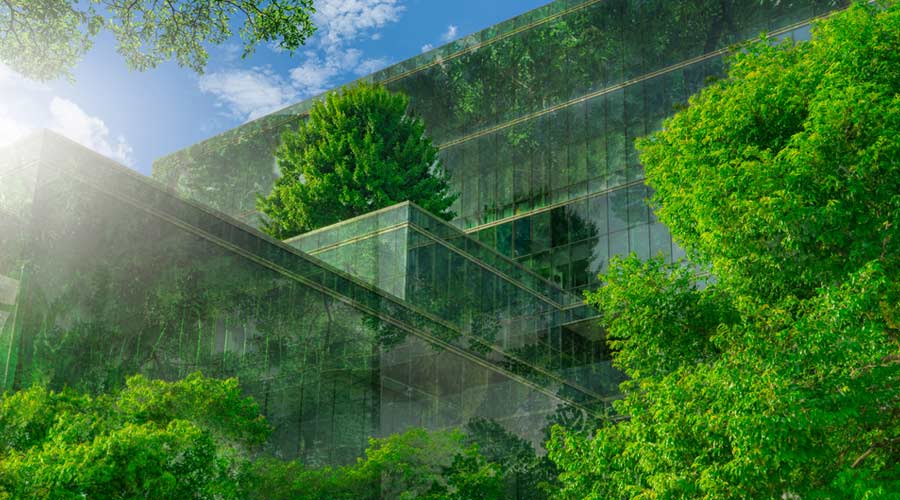 Selective focus on tree and eco friendly building with vertical garden in modern city. Green tree forest on sustainable glass building. Office building with green environment. Go green concept.