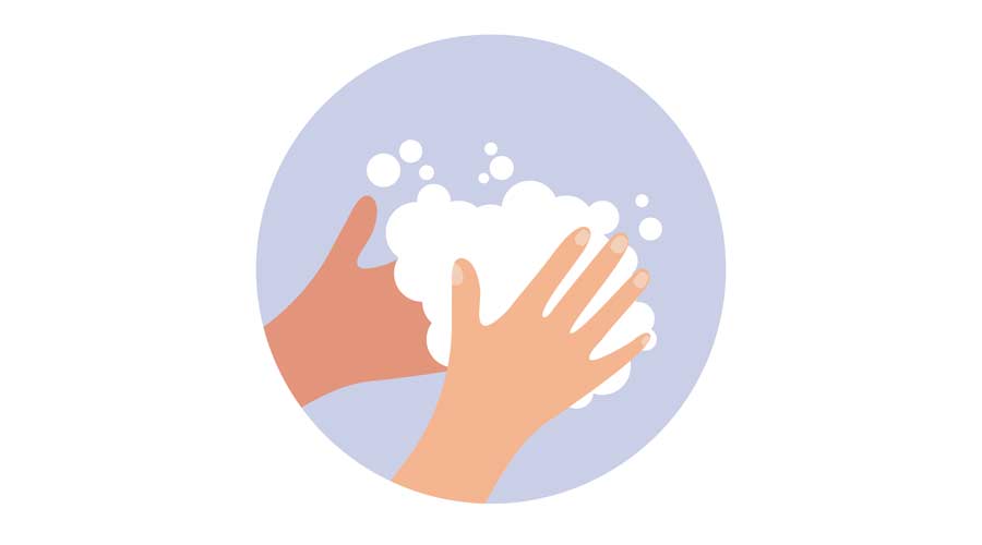 Washing hand with soap foam. Hygiene cartoon concept.