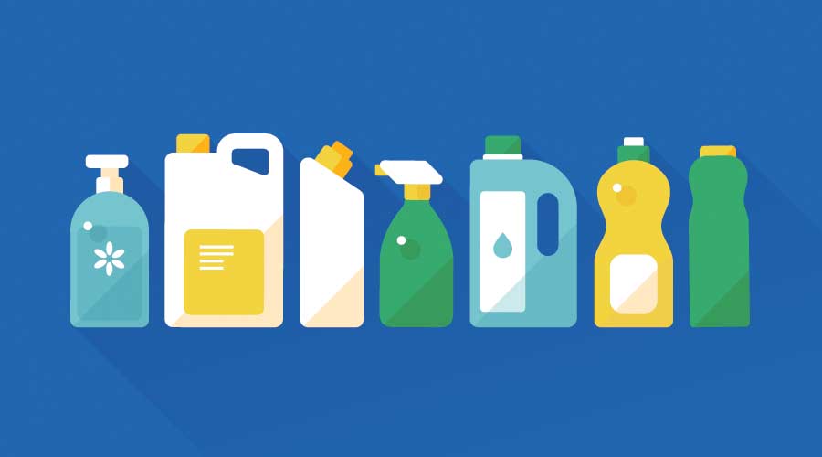 vector cartoon detergent bottles or containers, cleaning supplies / sign and icon template / blue background