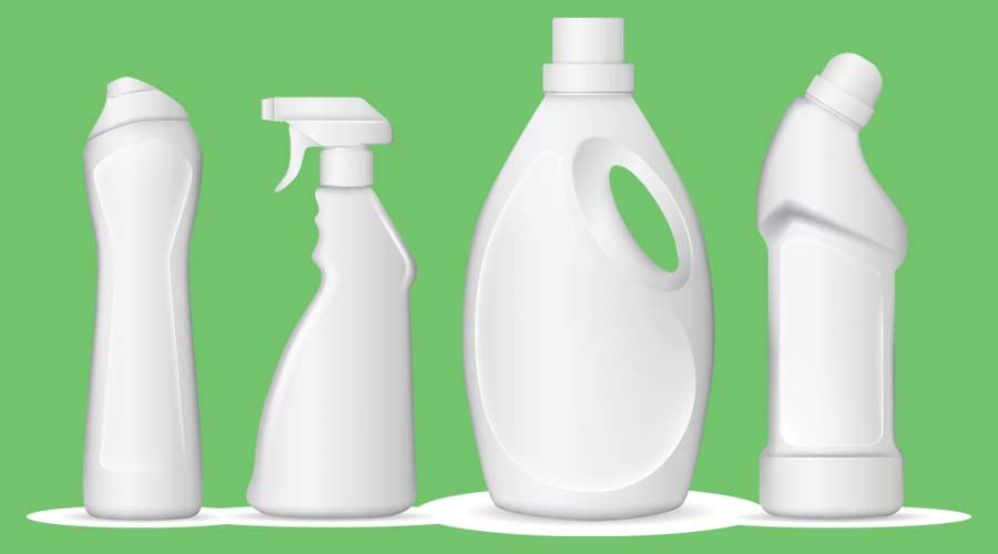 Set of realistic white plastic bottles for liquid laundry detergent, bleach, fabric softener, dishwashing liquid or another cleaning agent. Easy to place your text and brand logo. Vector illustration