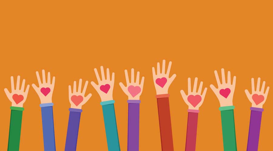 Community charitable work symbol flat illustration. Cartoon hands holding hearts on orange background. Charity fund, volunteering, fundraising organization uniting efforts for humanitarian aid