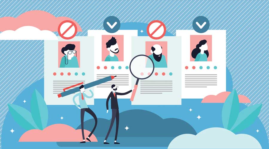 Recruitment ageism vector illustration. Tiny old persons segregation concept. Unfair economical employment problem with seniors career rejection. Human resources avoid work offer to aged society part.