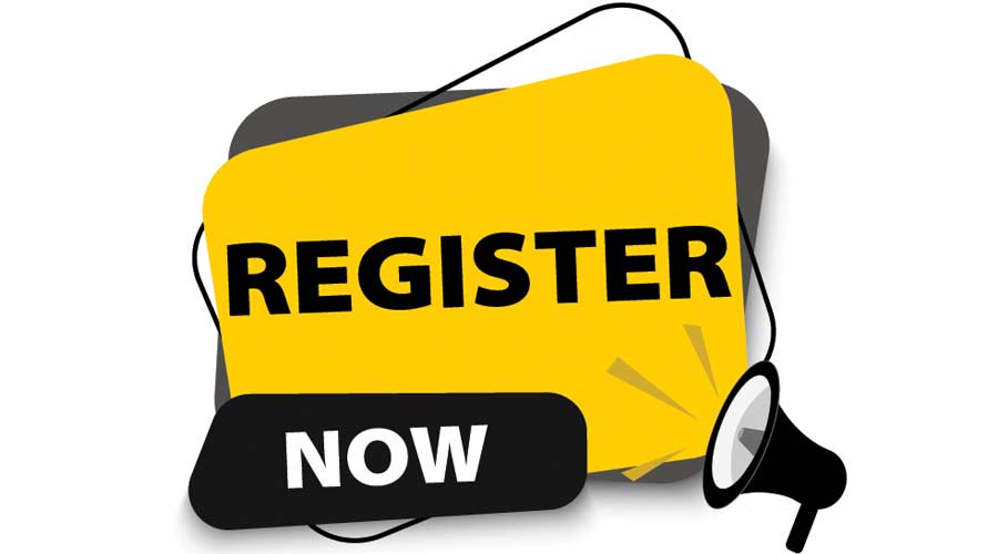 Registration now icon.Yellow, bright sticker with a loudspeaker or megaphone. An offer to register your account on a website or application.Vector illustration.
