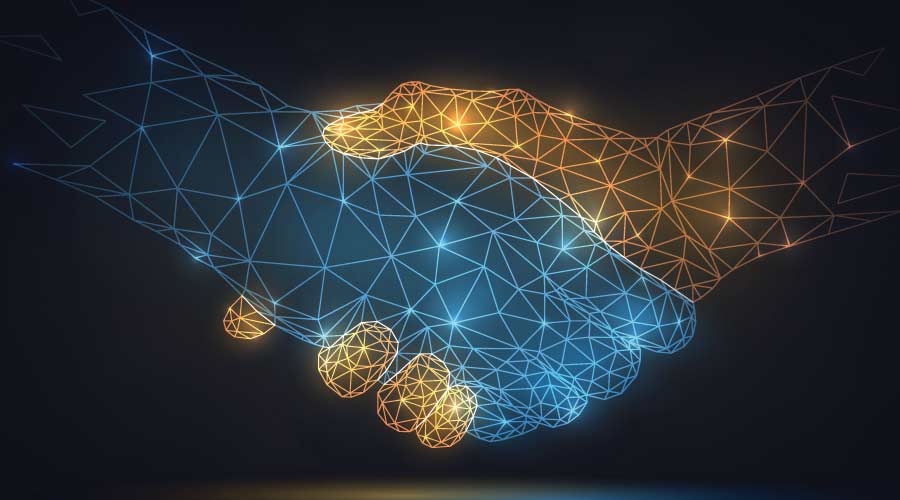 Two wire-frame glowing hands, handshake, technology, business, trust concept
