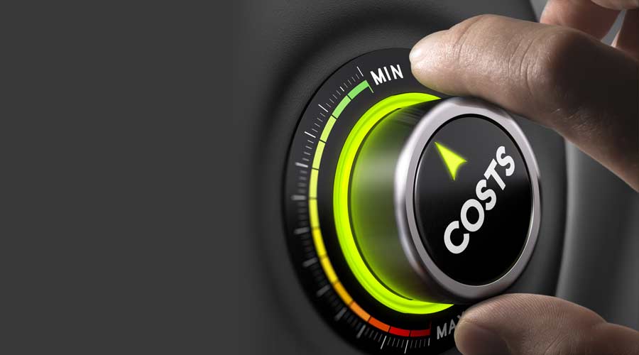 Man fingers setting cost button on minimum position. Concept image for illustration of cost management.