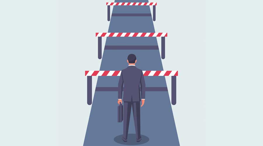 Conquering adversity. Hurdle on way concept. Businessman obstacle metaphor. Overcoming obstacle on road. Vector illustration flat design. Barrier on way to success. Vector illustration flat design.