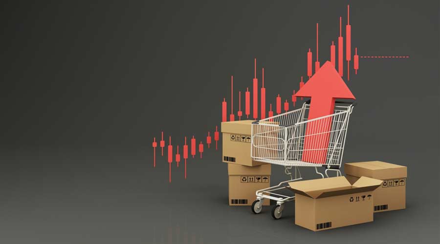 Shopping cart with red upward arrow Surrounded by cardboard boxes and stock charts on the back that are constantly rising in inflation concept. on a black background. realistic 3d render