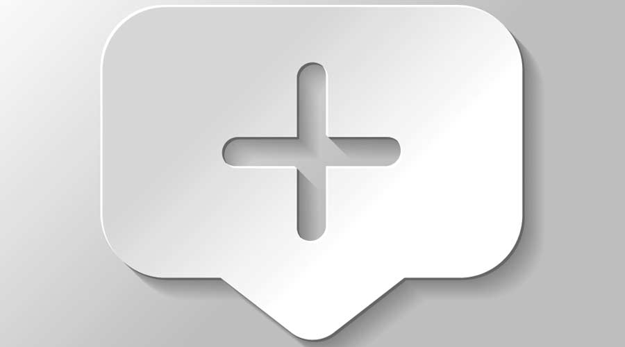 Plus in notification cloud, sign of add or reminder, social icon. Paper style with shadow on gray background