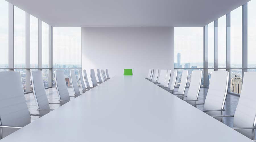 Panoramic conference room in modern office in New York City. White chairs and a white table. A green chair in a head of the table. 3D rendering.