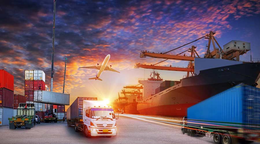 Container truck in ship port for business Logistics and transportation of Container Cargo ship and Cargo plane with working crane bridge in shipyard, logistic import export and transport concept