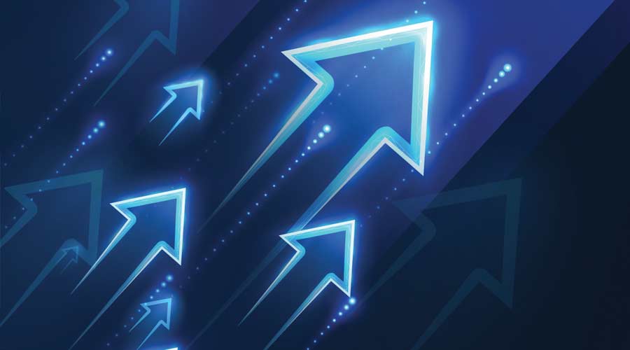 Up arrows on deep blue background space with one big arrow. Business growth, development progress, financial company statistic, hi results, investment grow concept Financial result graph.