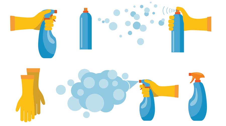 Hand holding and pressing down nozzle of aerosol can spraying liquid particles mist. Detergent and disinfectant. Antiseptic spray in flask. Vector illustration