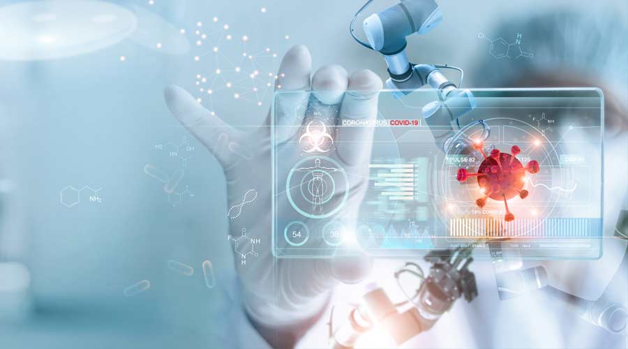 Medicine doctor and robotics research and analysis. Diagnose checking coronavirus or covid-19 testing result with virtual screen in laboratory, Inhibition of disease outbreaks and Medical technology