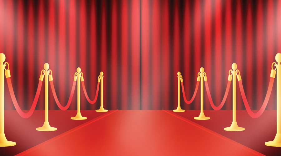 Red background with carpet, with path barriers 3d and closed curtain. Luxury entrance to vip event or celebrity party isolated on white background. Premiere show ceremony. Stock vector background.