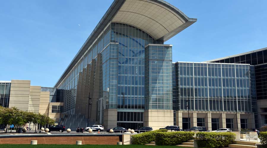 Chicago, IL May 17, 2020, McCormick Place Convention Center front entrance under a blue sky