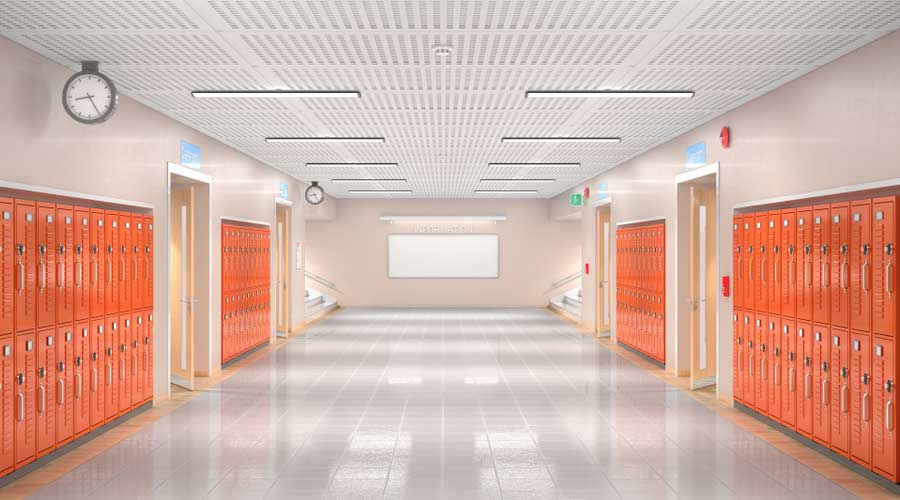 School corridor interior with student lockers and clean polished floor