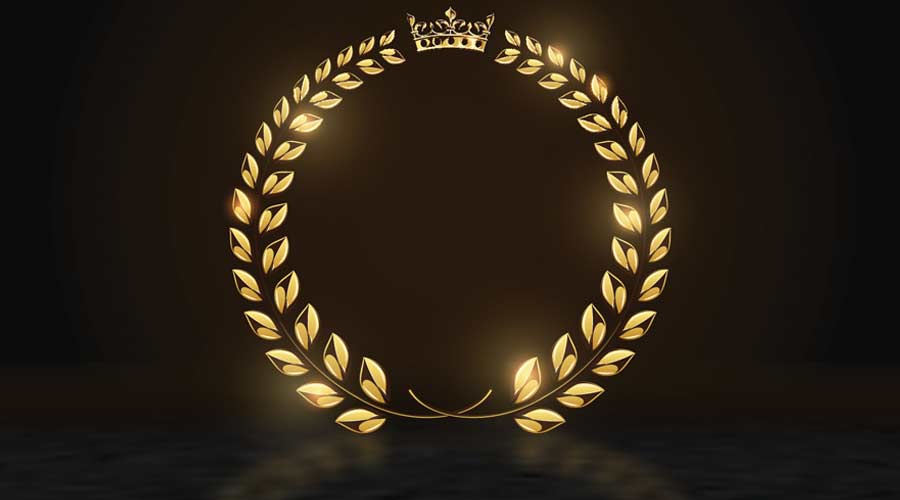 Detailed round golden laurel wreath crown award on dark background with reflection. Gold ring frame logo. Victory, honor achievement, quality product, anniversary. Vector illustration.
