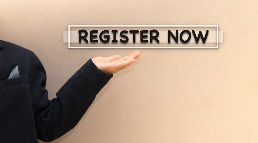 Open hand palm with word REGISTER NOW