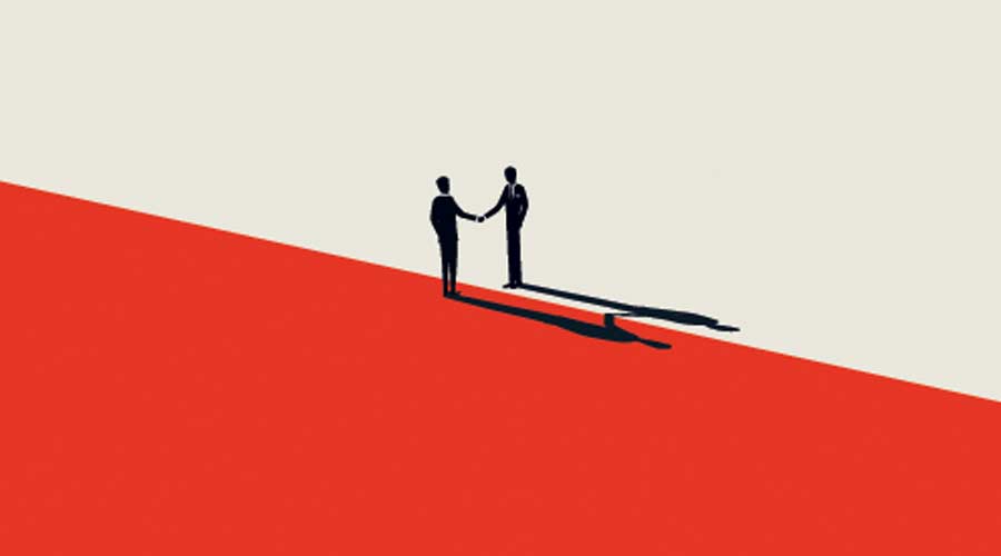 Business negotiation, deal making or acquisition, merger vector concept. Two men shaking hands. Minimal design. Eps10 illustration.