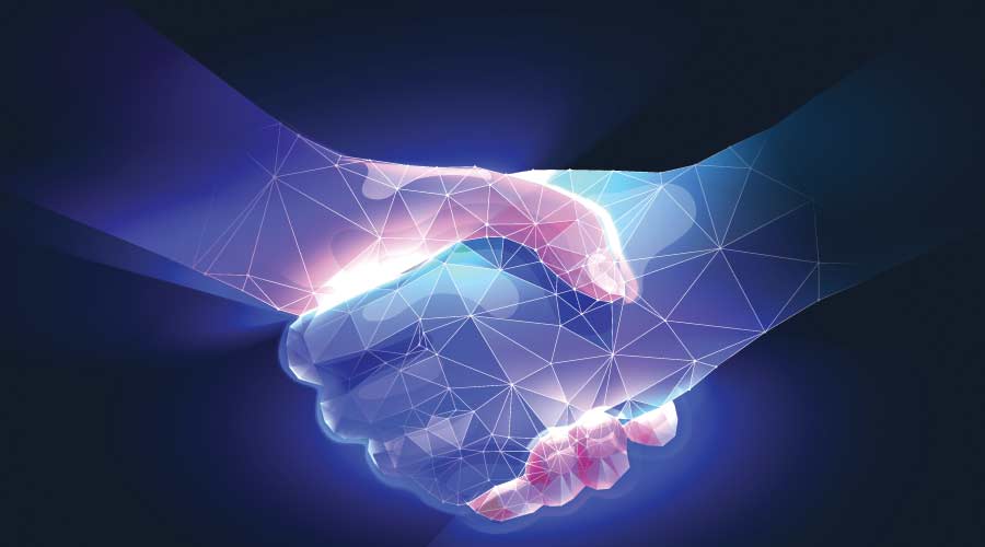 Handshake in digital futuristic style. The concept of partnership, collaboration or teamwork. Vector illustration with light effect and neon