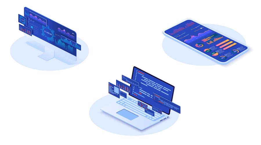 Software development coding process concept. Online financial audit. Isometric website metrics, statistical graphs dashboards and web seo research. Application of laptop,pc,phone with business graph.