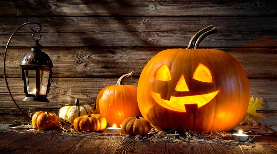 Halloween pumpkin head jack lantern on wooden background
