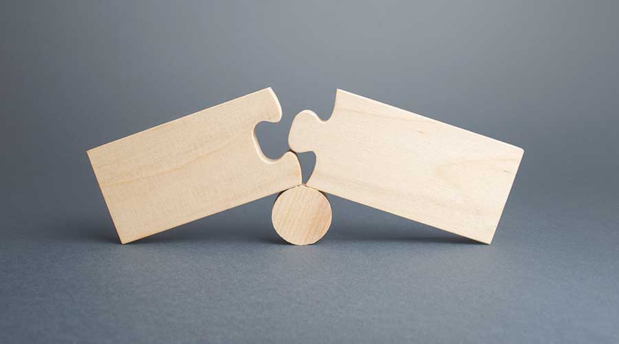 Two disassembled puzzles. Stop of work process and destruction of integrity due to obstacles or circumstances. Failure, inability to correct situation. Problem solving, finding the cause. Concept