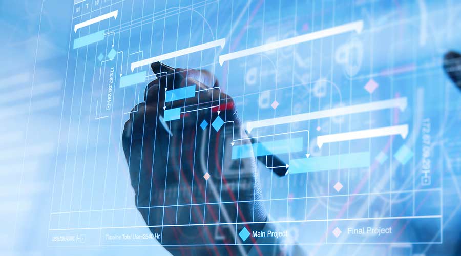Project manager working and update tasks with milestones progress planning and Gantt chart scheduling virtual diagram.Businessman hand pressing an imaginary button on virtual screen