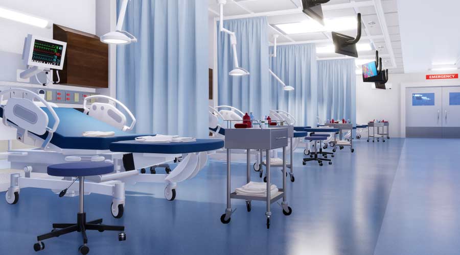 Modern emergency room interior with row of empty hospital beds and various first aid medical equipment. With no people 3D illustration on health care theme from my own 3D rendering file.