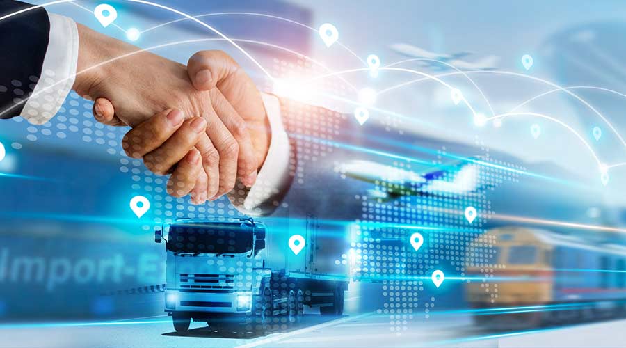 Transportation and logistics concept, Import and export business, Businessman handshake of global network connection and logistics partnership, Distribution, Shipping, Online goods orders.