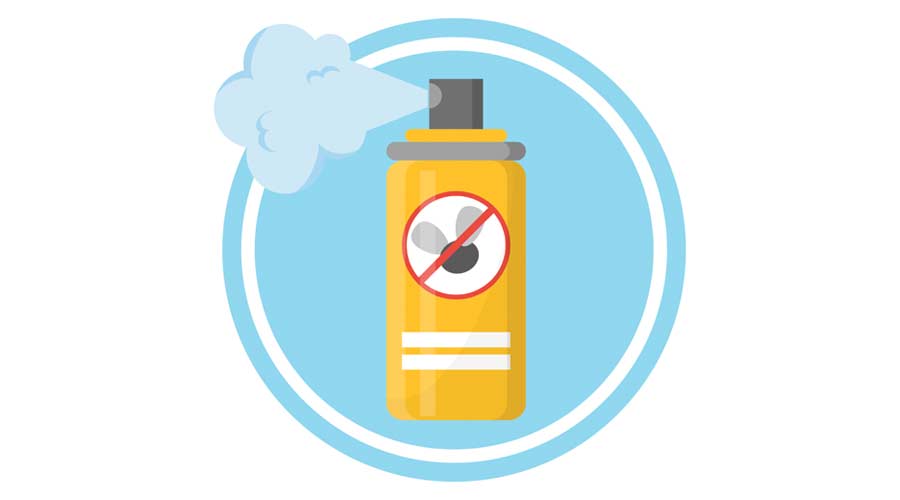 Repellent spray in the yellow bottle. Protection from the mosquito and other insect. Aerosol for bug bite prevention. Vector illustration in cartoon style