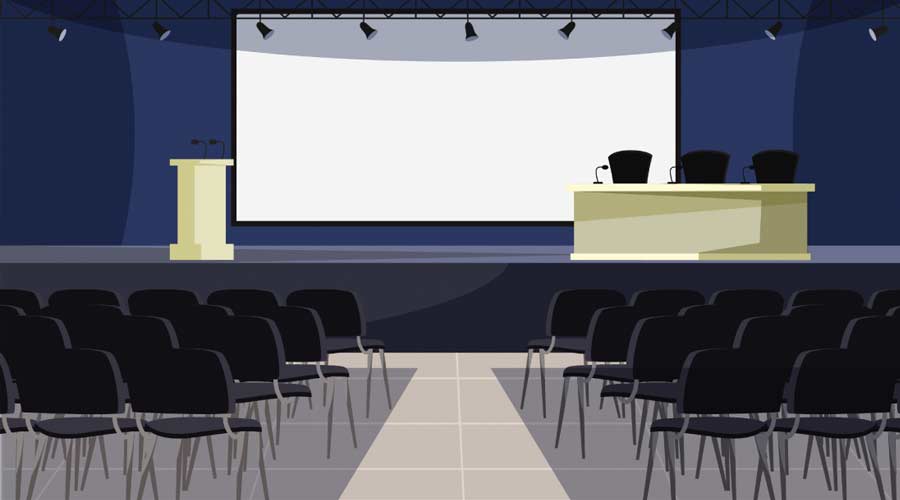 Empty conference room flat vector illustration. Lecture hall interior, convention center with nobody inside. Blank screen, tribune and table with microphones on stage.