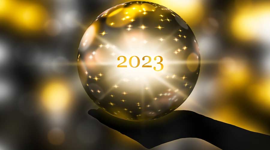 fortunetelling 2023 with a crystal ball in a hand, festive atmosphere for happy new year party or award ceremony or other celebrations, 3d rendering