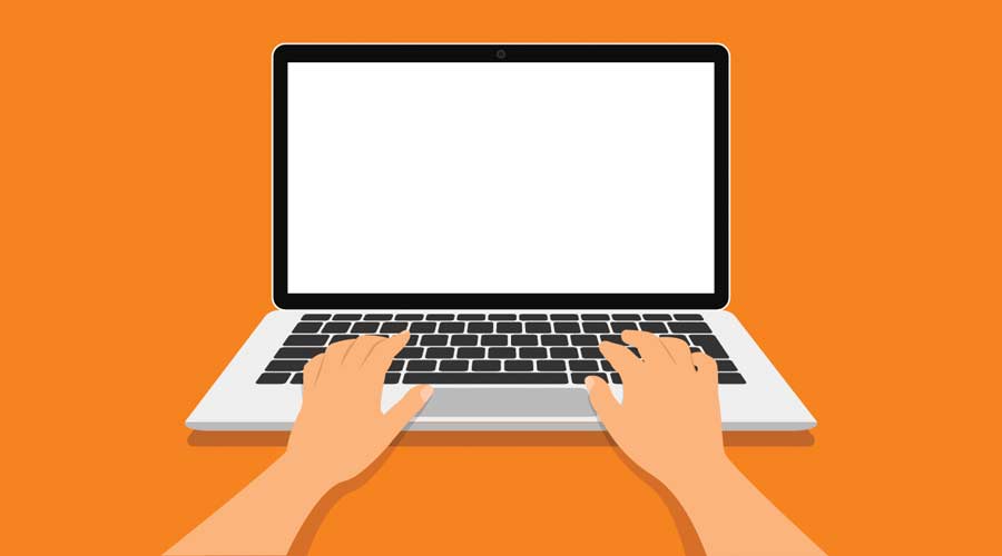Hands in work at laptop keyboard with blank monitor screen at table. Work place at home. Vector illustration. EPS 10