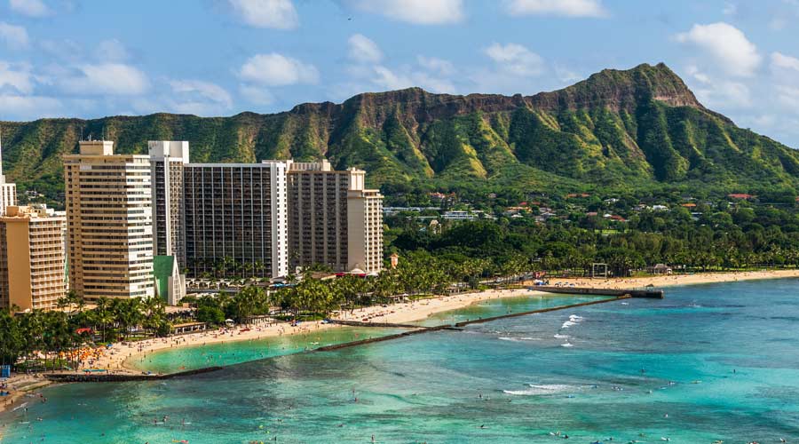 Hawaii panoramic Honolulu city travel landscape banner background of Waikiki beach and Diamond Head mountain peak at sunset, Oahu island, USA vacation.