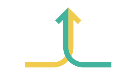 Isometric arrow formed by two merging yellowand green lines on white background. Partnership, merger, alliance and integration concept. Flat design. Vector illustration, no transparency, no gradients