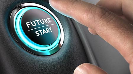 A button suggesting that pushing it will begin the future
