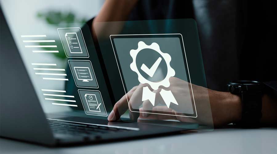 A businessman operating with the quality assurance, guarantee, standards, ISO certification, and standardization notion as a proof of top service.