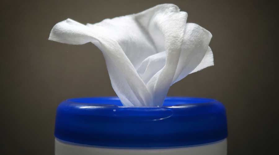 Container of cleaning wipes