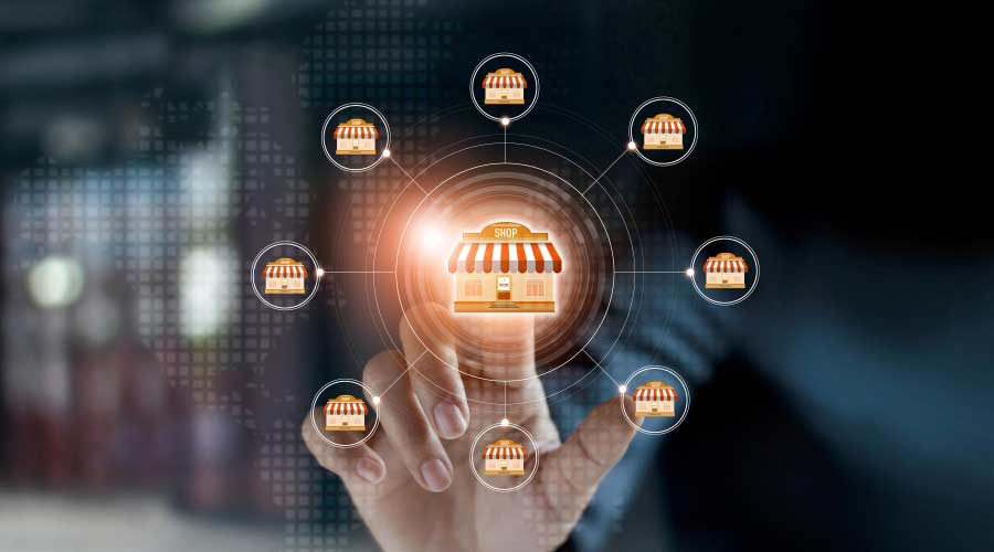 Businessman hand touching icon global network connection on franchise marketing system.