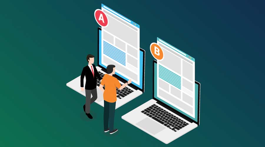 Two people comparing options concept