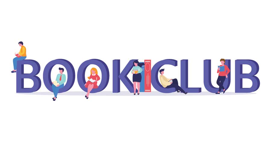 Vector logo concept of a book club with people reading. Illustration can use for landing page, web, mobile app, banner, poster, flyer, background