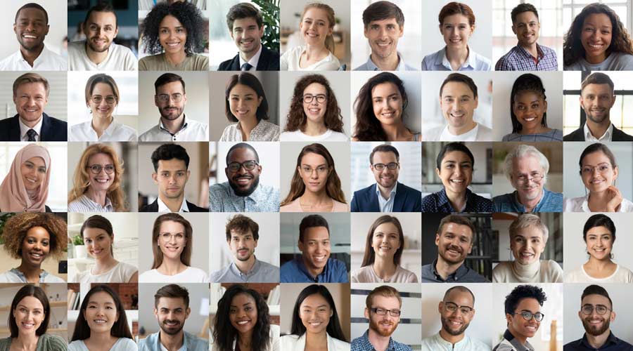 Many happy diverse ethnicity different young and old people group headshots in collage mosaic collection. Lot of smiling multicultural faces looking at camera. Human resource society database concept.