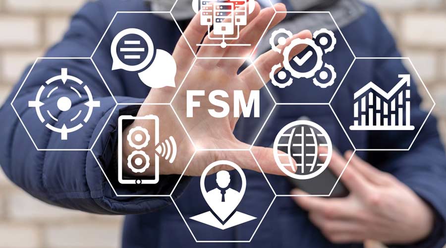 FSM Field Service Management Concept. Businessman using virtual touchscreen represents FSM conceptual banner.