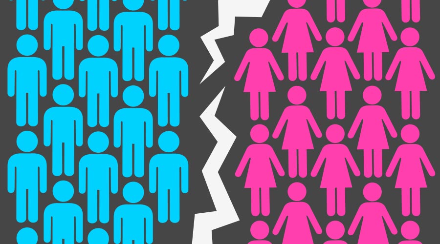 Crack between gender symbols as metaphor of conflict, clash and fight of men vs women, feminine vs masculine, patriarchy vs matriarchy. Separation of society based on different sex