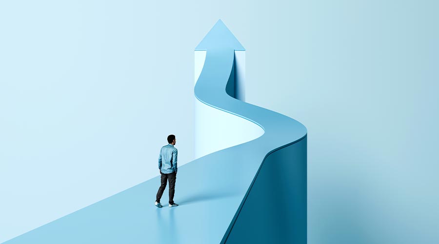 Onwards and Upwards, Path to Success, Man Walking on Arrow, Career Growth and Success, 3D render